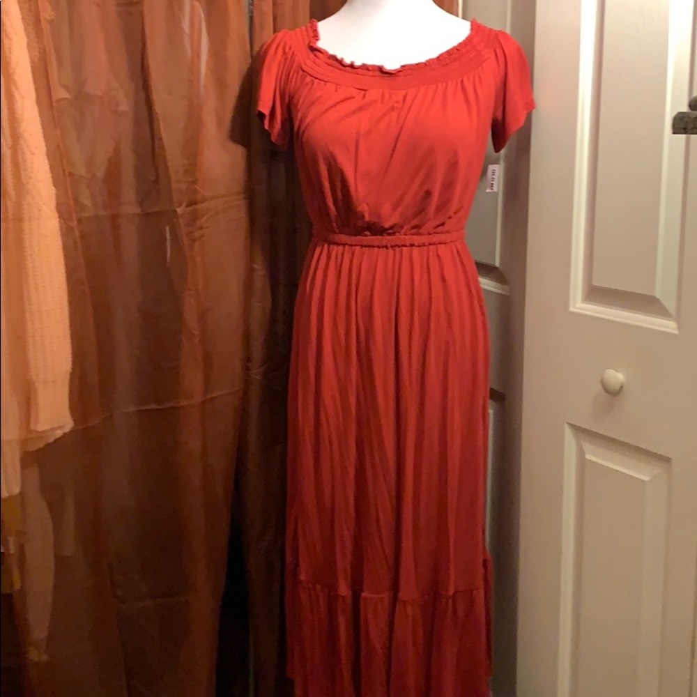 Cinnamon color new dress. Mid calf length.